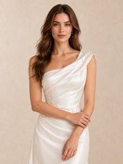 One-Shoulder Satin Mermaid Wedding Dress with Pearl Accents and Sweep Train