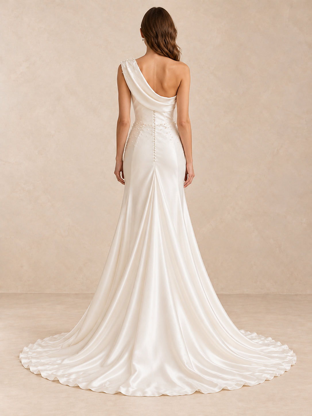 One-Shoulder Satin Mermaid Wedding Dress with Pearl Accents and Sweep Train