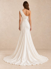 One-Shoulder Satin Mermaid Wedding Dress with Pearl Accents and Sweep Train