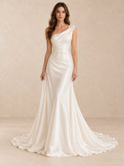One-Shoulder Satin Mermaid Wedding Dress with Pearl Accents and Sweep Train
