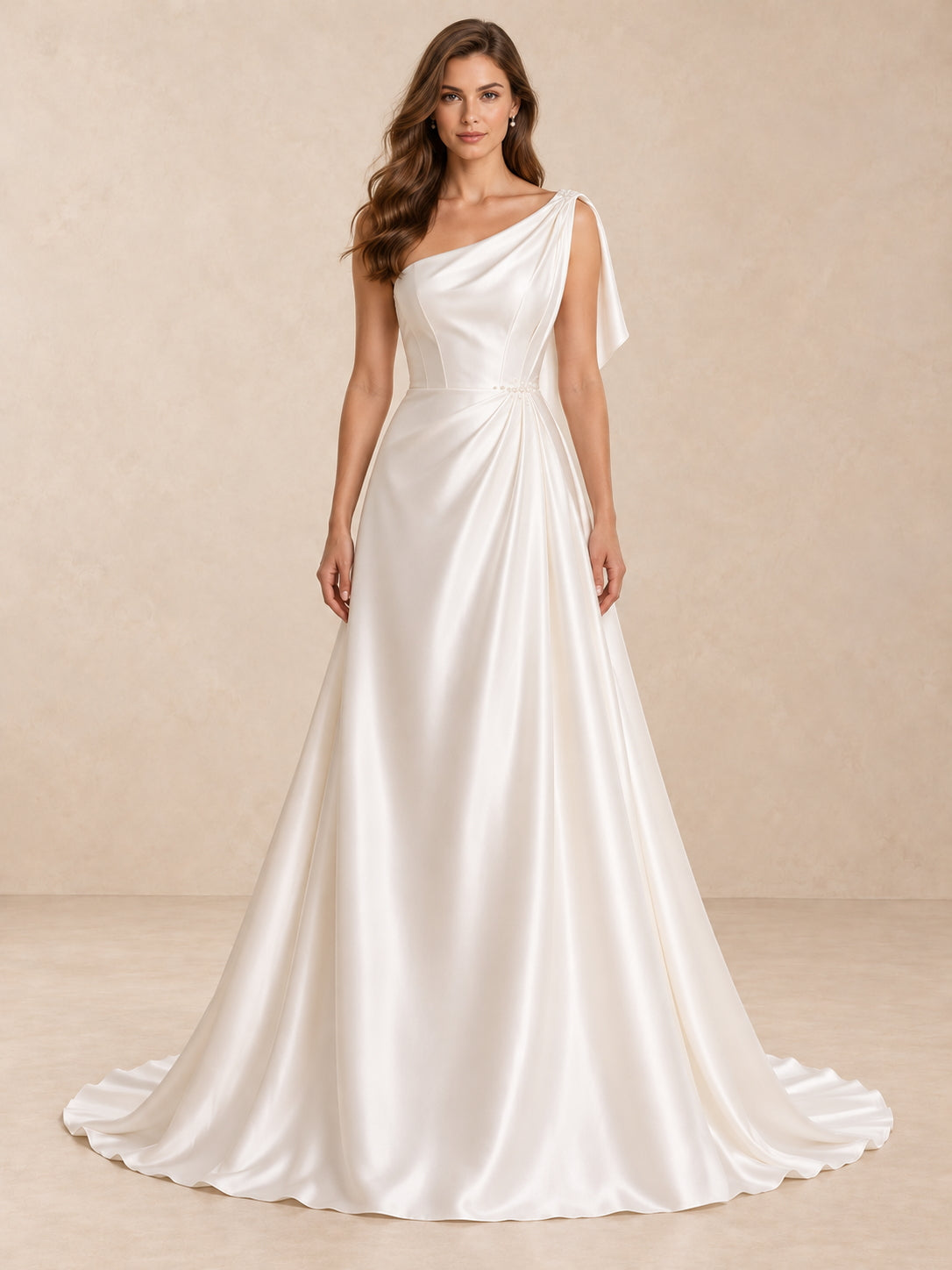 One-Shoulder Satin Sleeveless Wedding Dress with Pearl Waist Detail