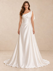 One-Shoulder Satin Sleeveless Wedding Dress with Pearl Waist Detail