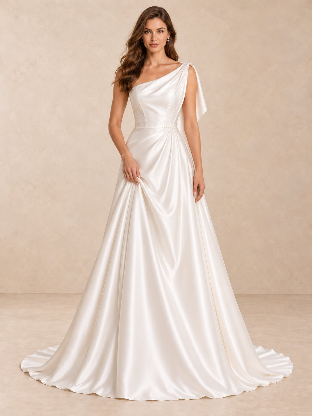 One-Shoulder Satin Sleeveless Wedding Dress with Pearl Waist Detail