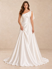 One-Shoulder Satin Sleeveless Wedding Dress with Pearl Waist Detail