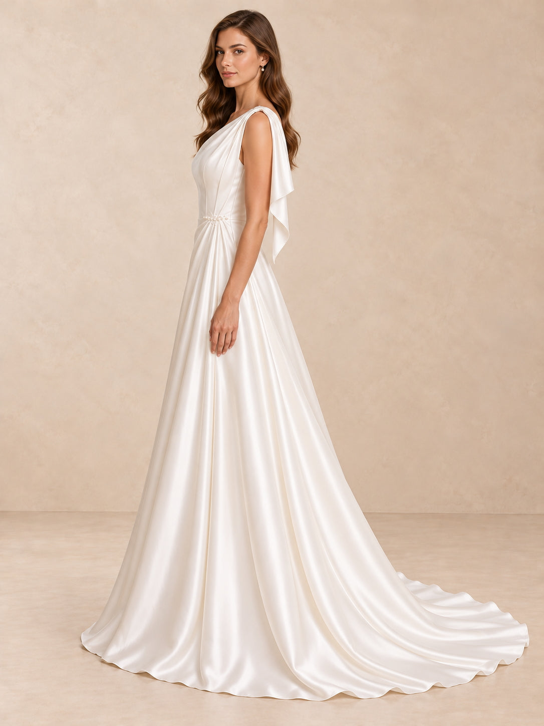 One-Shoulder Satin Sleeveless Wedding Dress with Pearl Waist Detail