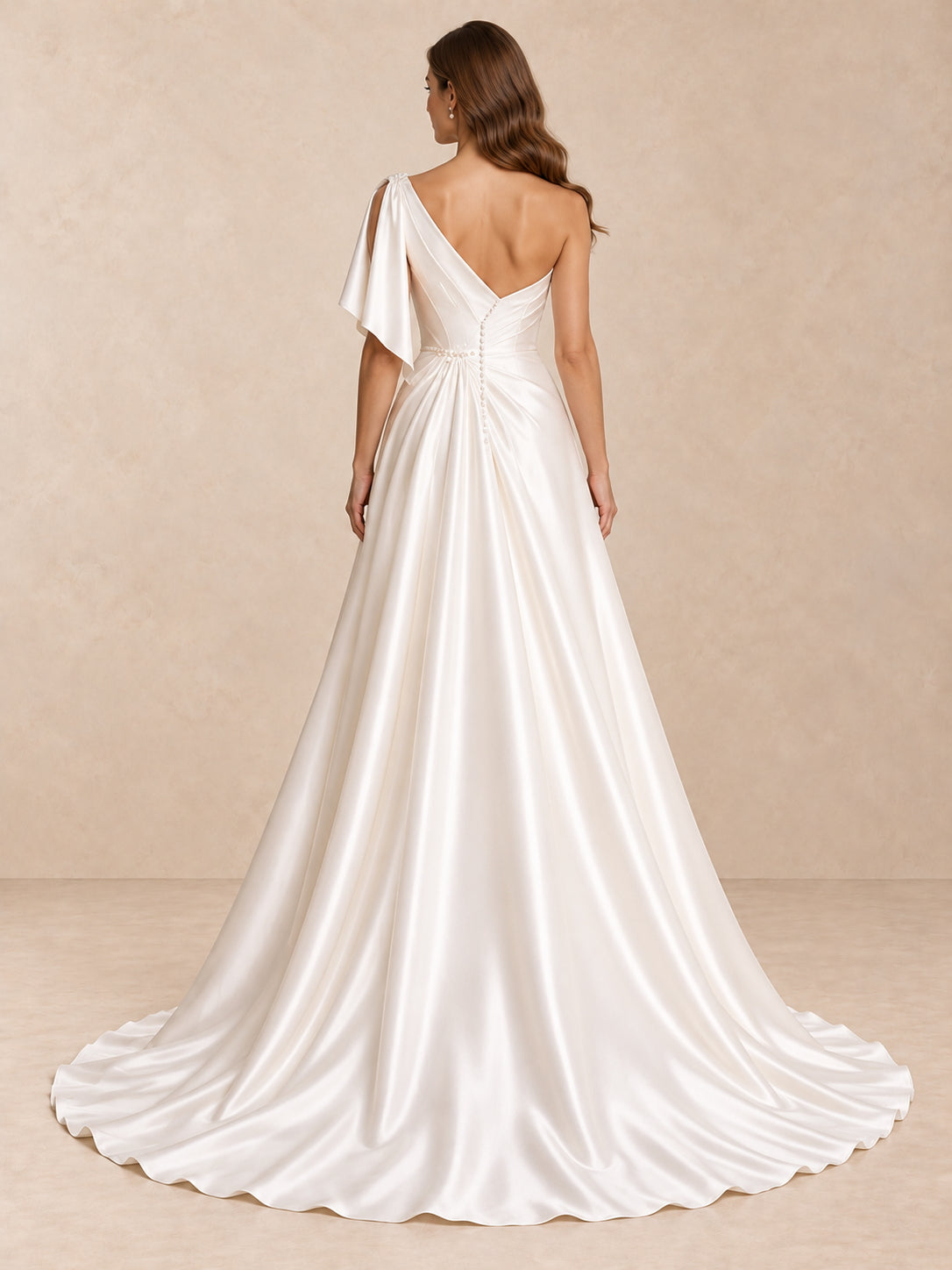 One-Shoulder Satin Sleeveless Wedding Dress with Pearl Waist Detail