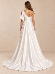 One-Shoulder Satin Sleeveless Wedding Dress with Pearl Waist Detail
