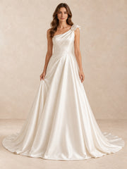 One-Shoulder Satin Sleeveless Wedding Dress with Sweep Train