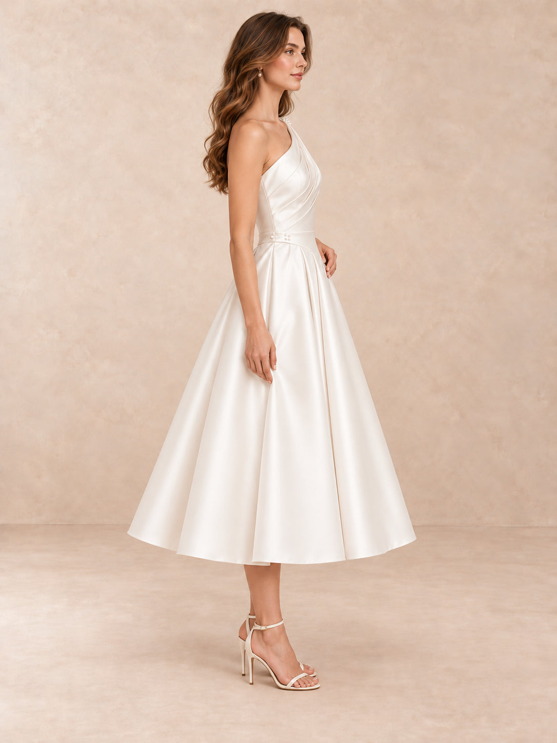 One-Shoulder Satin Tea-Length Wedding Dress with Pearl Accents