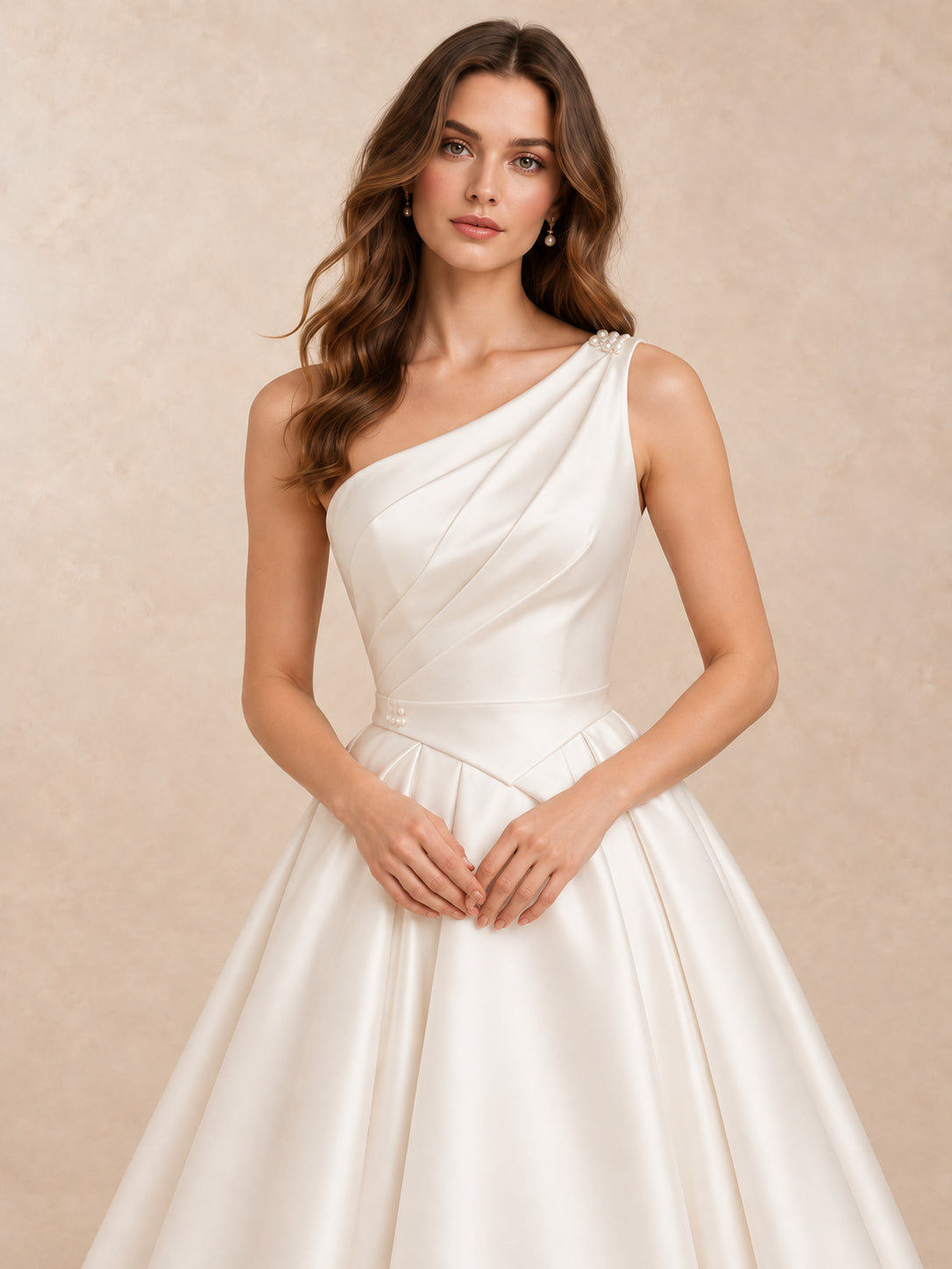 One-Shoulder Satin Tea-Length Wedding Dress with Pearl Accents