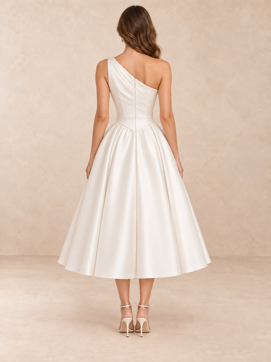 One-Shoulder Satin Tea-Length Wedding Dress with Pearl Accents
