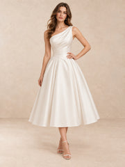 One-Shoulder Satin Tea-Length Wedding Dress with Pearl Accents