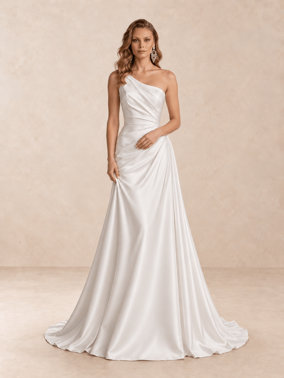 One-Shoulder Satin Wedding Dress with Draped Bodice and Sweep Train