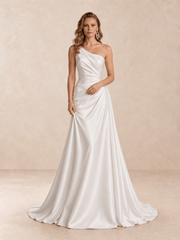 One-Shoulder Satin Wedding Dress with Draped Bodice and Sweep Train