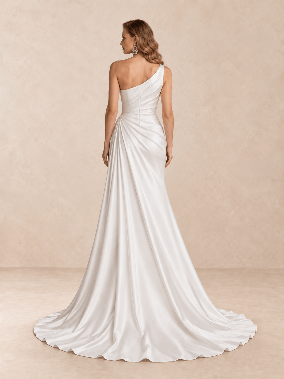 One-Shoulder Satin Wedding Dress with Draped Bodice and Sweep Train