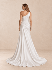 One-Shoulder Satin Wedding Dress with Draped Bodice and Sweep Train