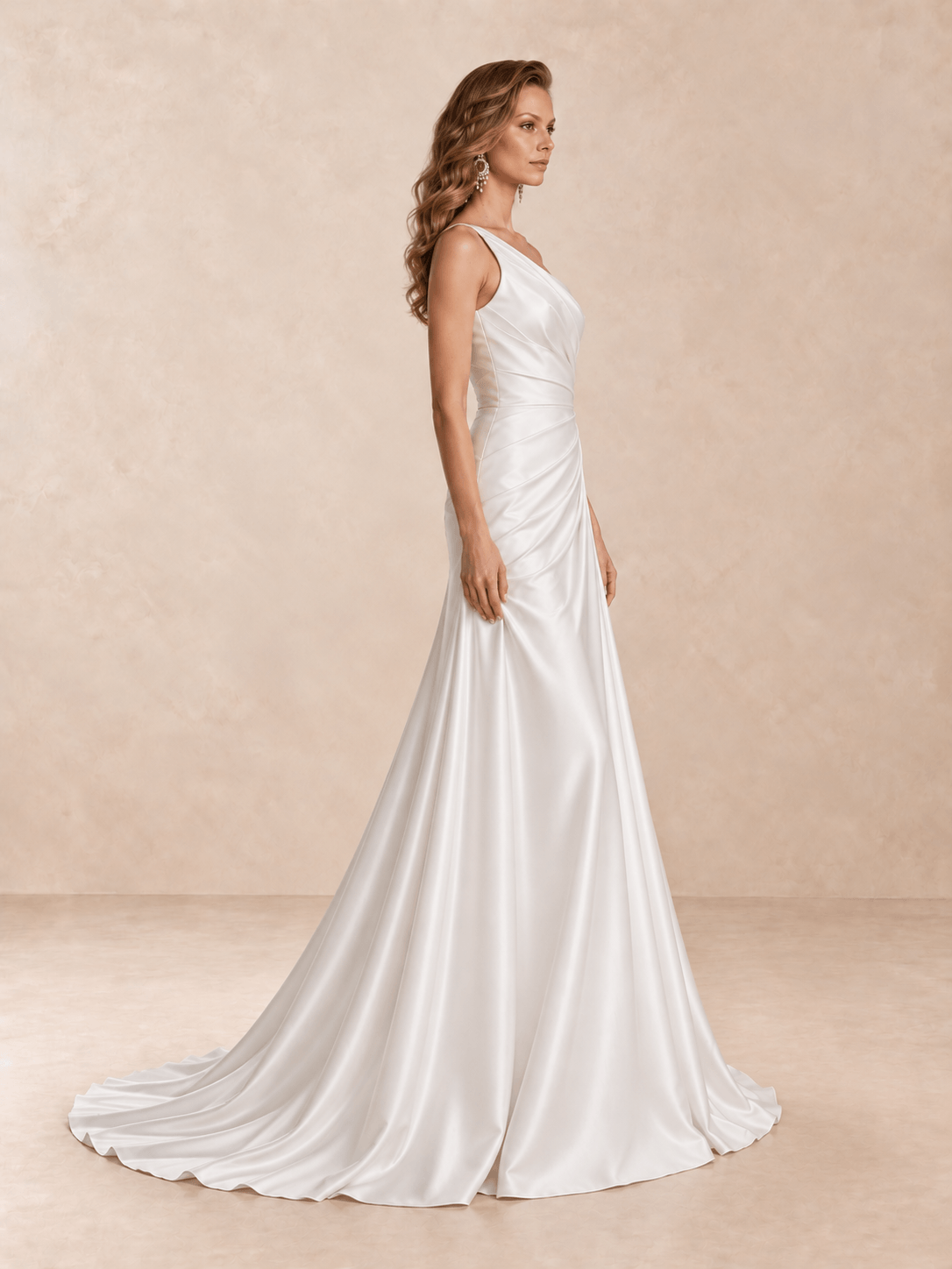 One-Shoulder Satin Wedding Dress with Draped Bodice and Sweep Train