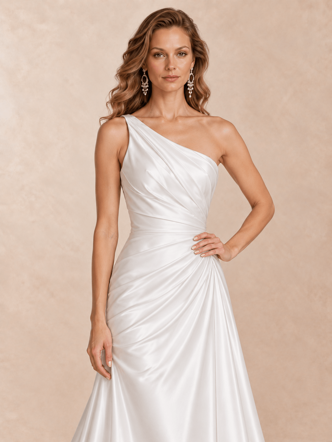One-Shoulder Satin Wedding Dress with Draped Bodice and Sweep Train