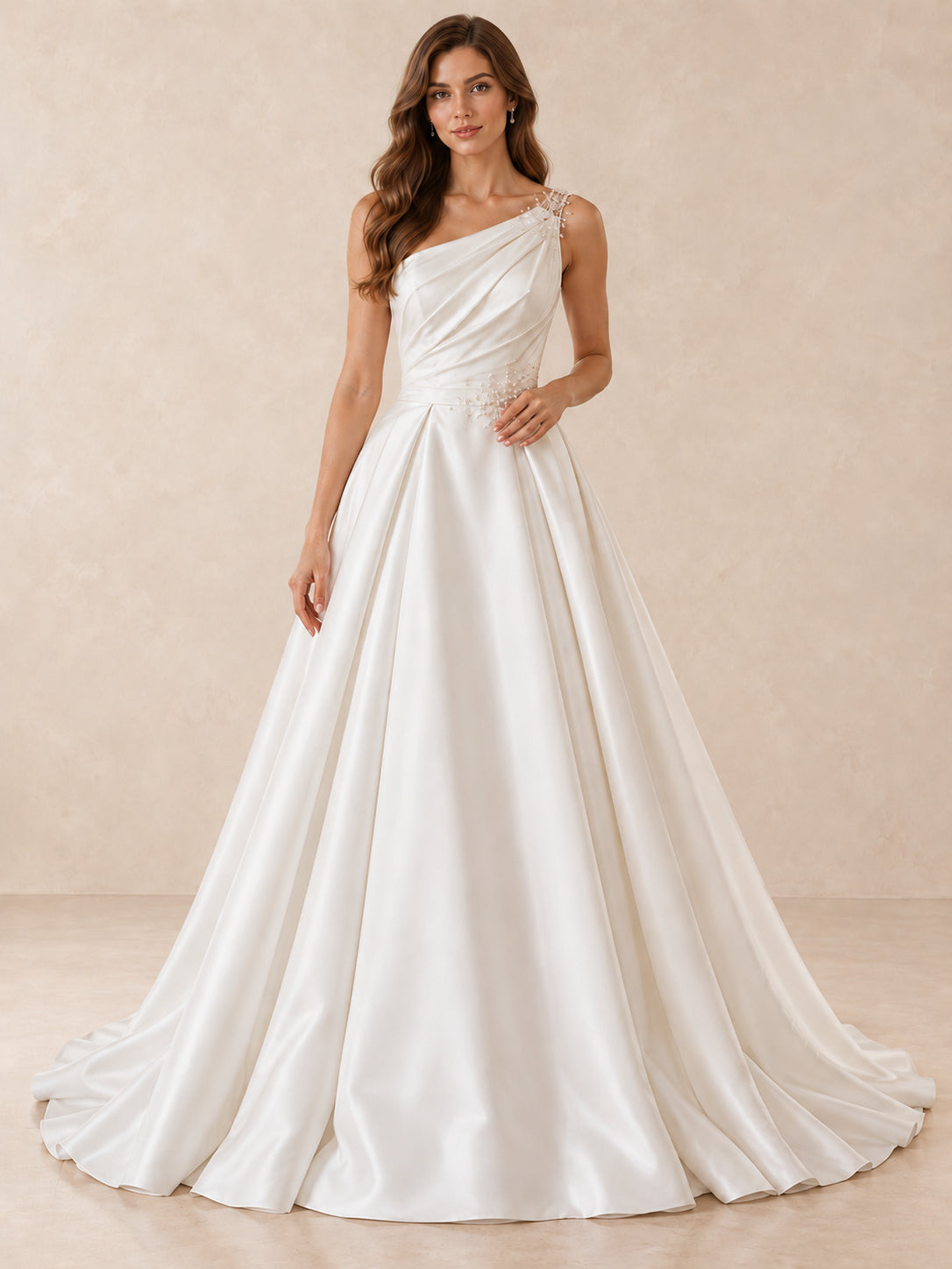 One-Shoulder Satin Wedding Dress with Pearl Embellishments