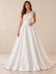 One-Shoulder Satin Wedding Dress with Pearl Embellishments
