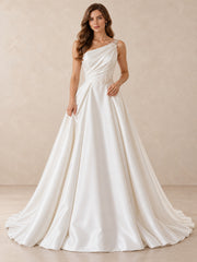One-Shoulder Satin Wedding Dress with Pearl Embellishments