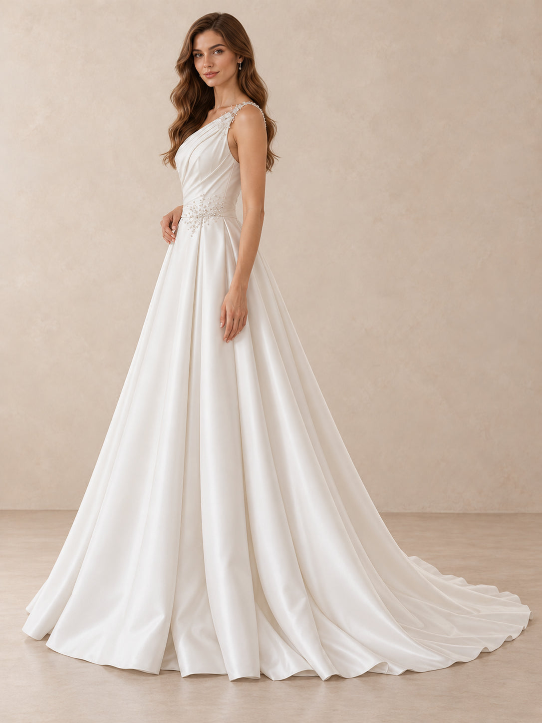One-Shoulder Satin Wedding Dress with Pearl Embellishments