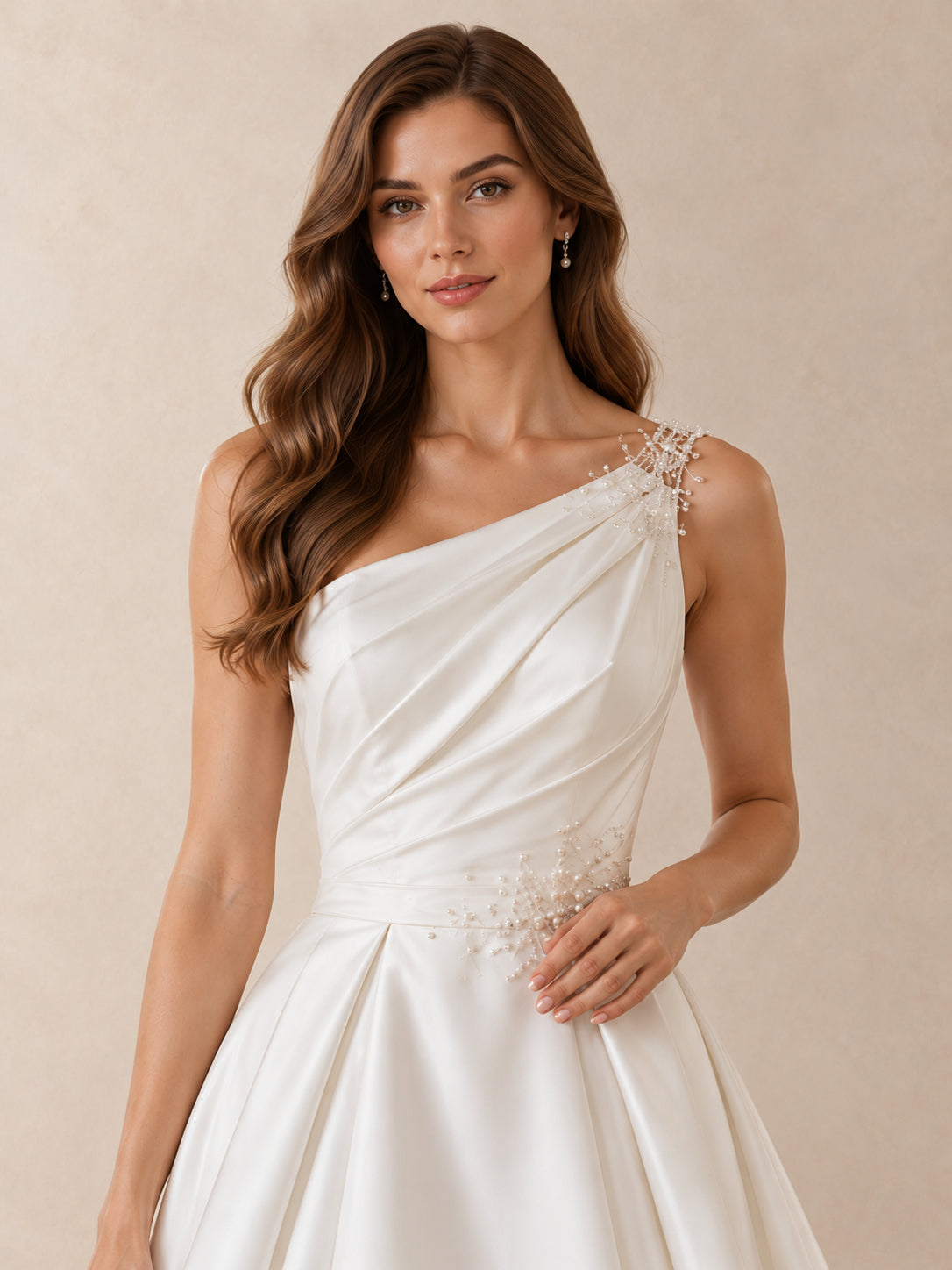 One-Shoulder Satin Wedding Dress with Pearl Embellishments