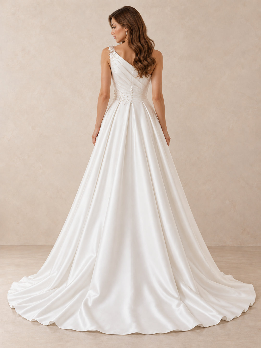 One-Shoulder Satin Wedding Dress with Pearl Embellishments