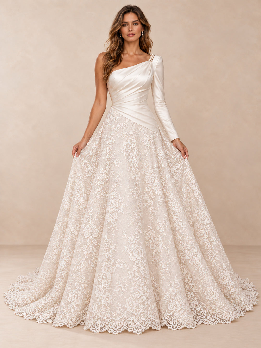 One-Shoulder Satin and Lace A-Line Wedding Dress with Long Sleeve