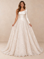 One-Shoulder Satin and Lace A-Line Wedding Dress with Long Sleeve