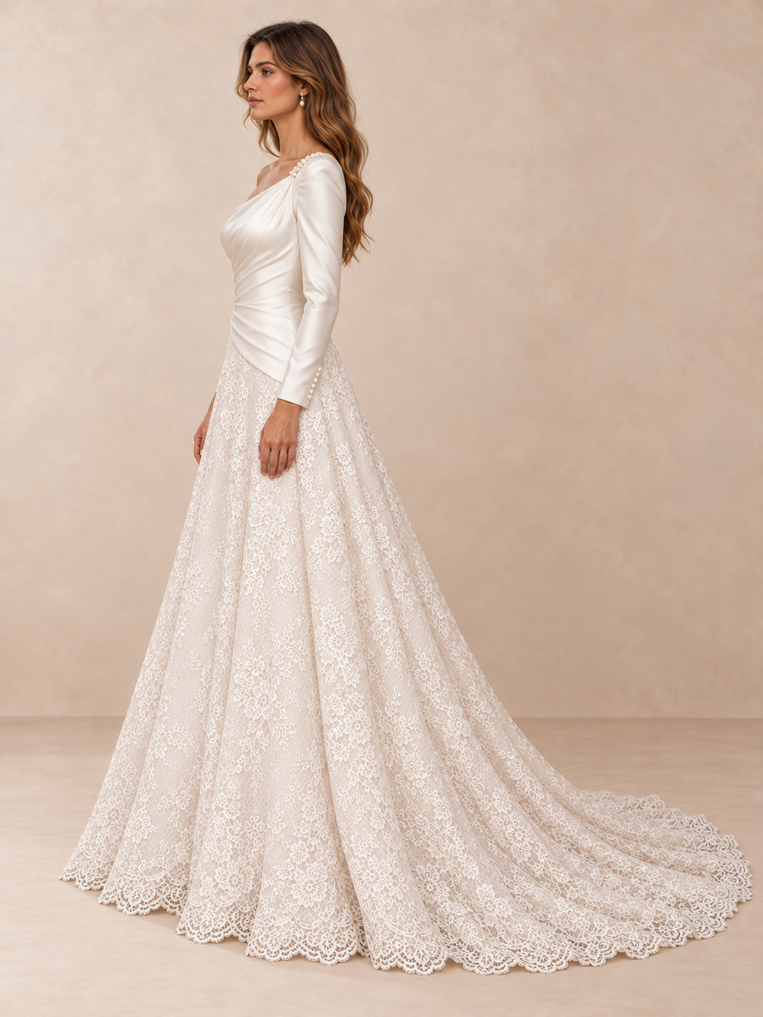 One-Shoulder Satin and Lace A-Line Wedding Dress with Long Sleeve