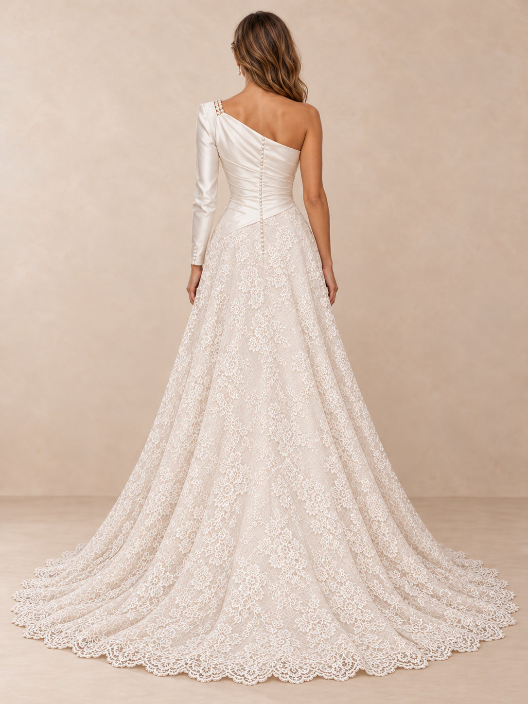 One-Shoulder Satin and Lace A-Line Wedding Dress with Long Sleeve