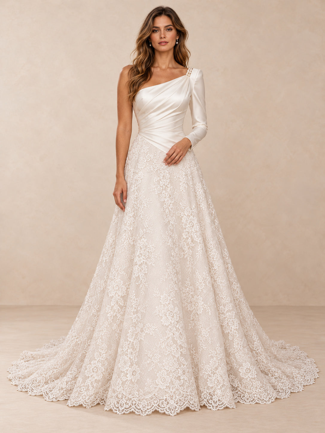 One-Shoulder Satin and Lace A-Line Wedding Dress with Long Sleeve