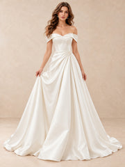 Pearl-Accent Off-the-Shoulder Mikado Satin Wedding Dress with Sweep Train