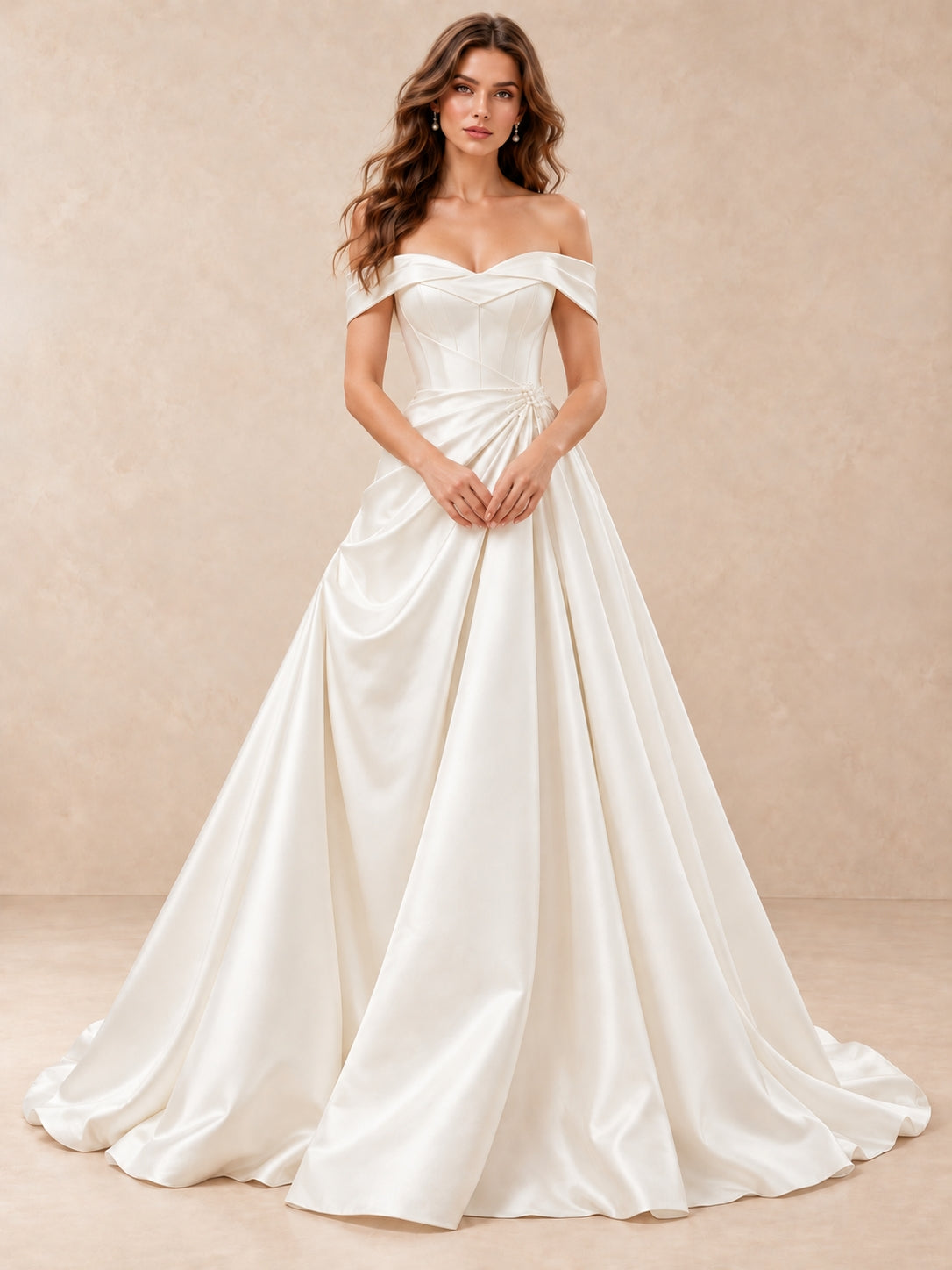 Pearl-Accent Off-the-Shoulder Mikado Satin Wedding Dress with Sweep Train