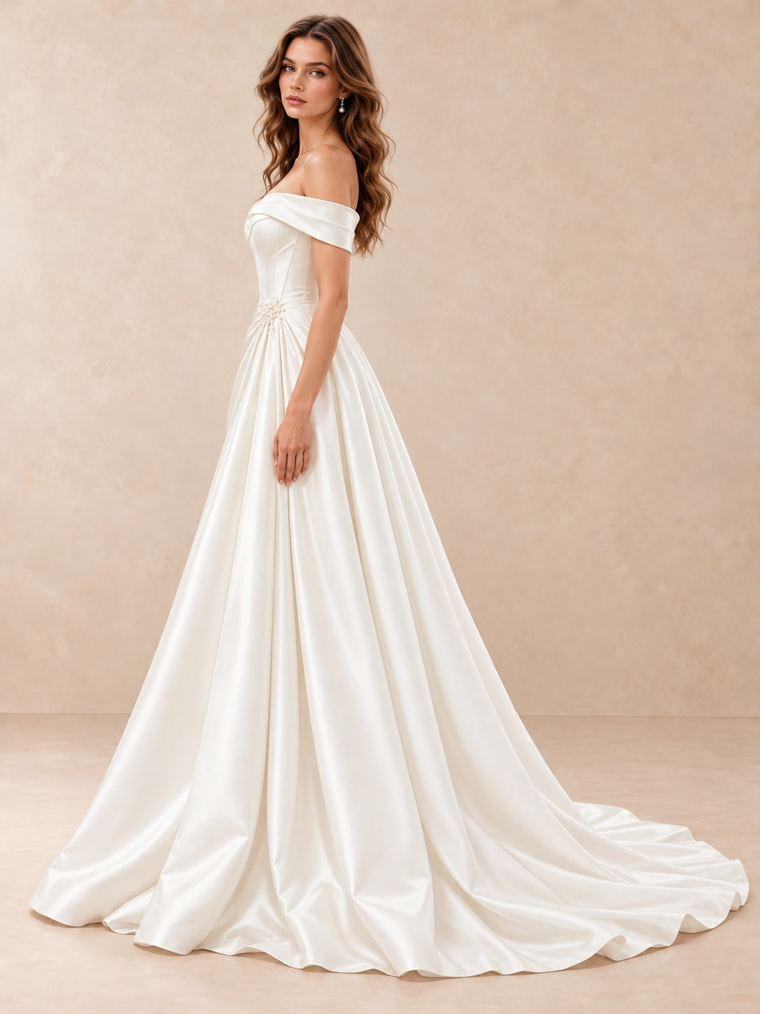 Pearl-Accent Off-the-Shoulder Mikado Satin Wedding Dress with Sweep Train