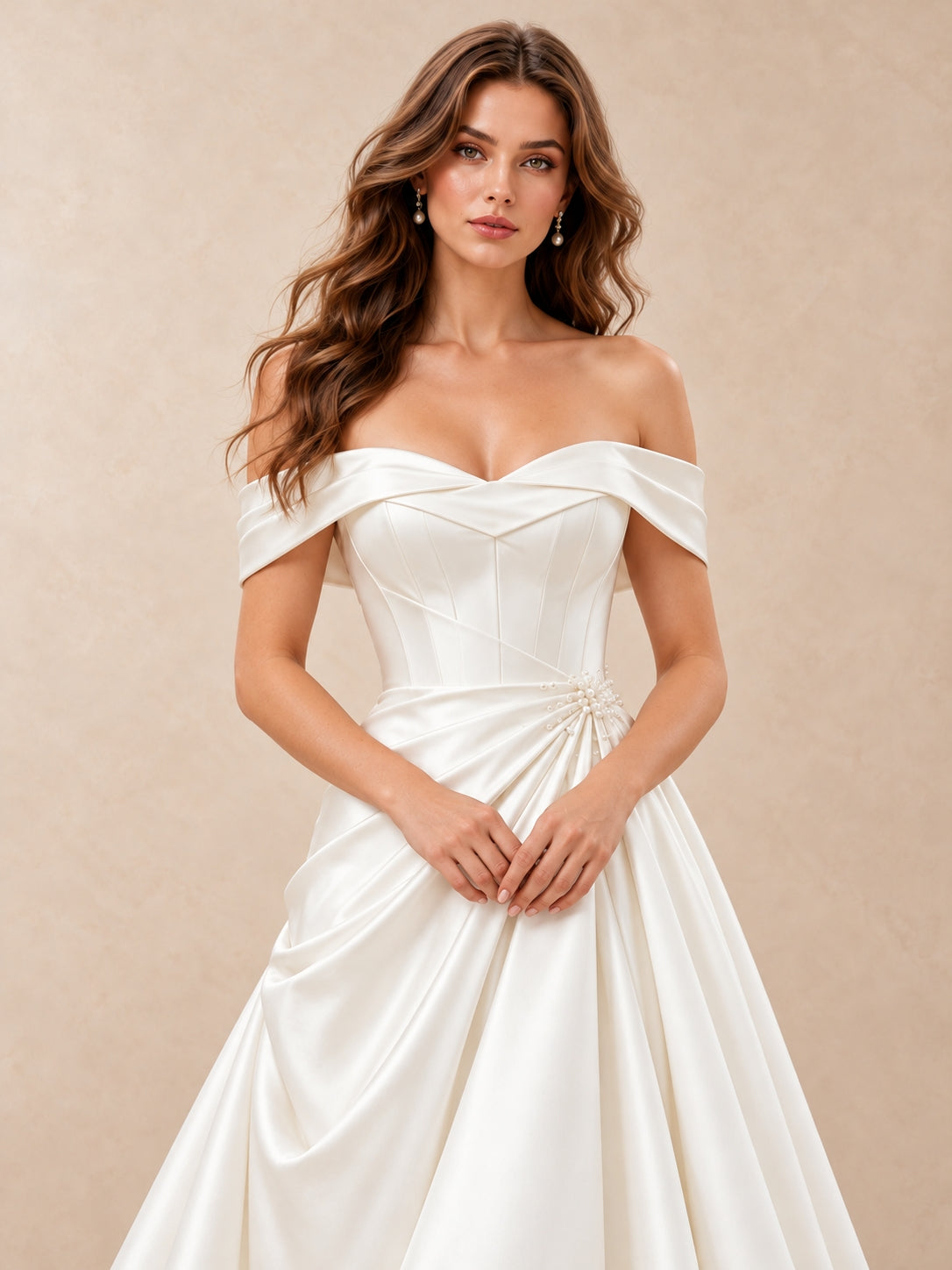Pearl-Accent Off-the-Shoulder Mikado Satin Wedding Dress with Sweep Train