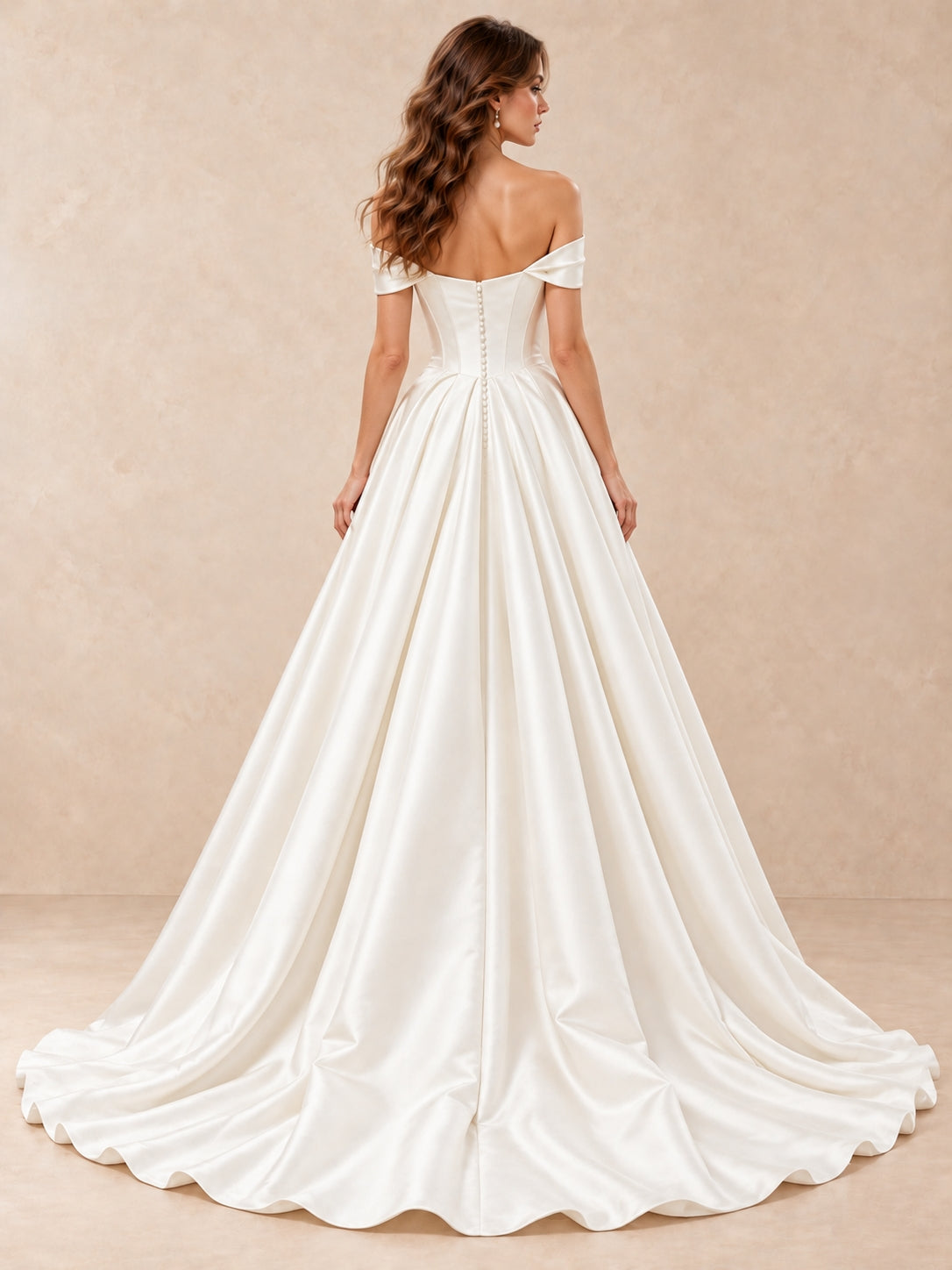 Pearl-Accent Off-the-Shoulder Mikado Satin Wedding Dress with Sweep Train