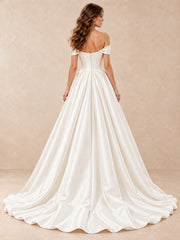 Pearl-Accent Off-the-Shoulder Mikado Satin Wedding Dress with Sweep Train