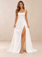 Pearl-Accent Square-Neck Satin Sheath Wedding Dress with Side Slit