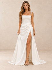 Pearl-Accent Square-Neck Satin Sheath Wedding Dress with Side Slit