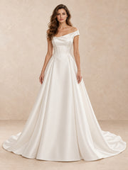 Pearl-Accented Satin A-Line Wedding Dress with Sculpted Basque Waist