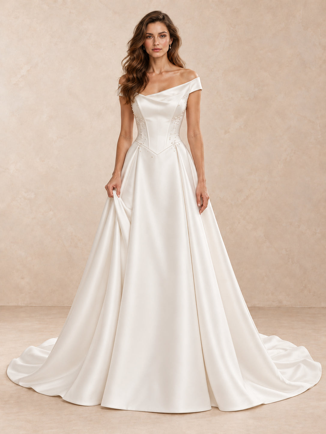 Pearl-Accented Satin A-Line Wedding Dress with Sculpted Basque Waist
