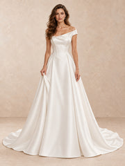 Pearl-Accented Satin A-Line Wedding Dress with Sculpted Basque Waist