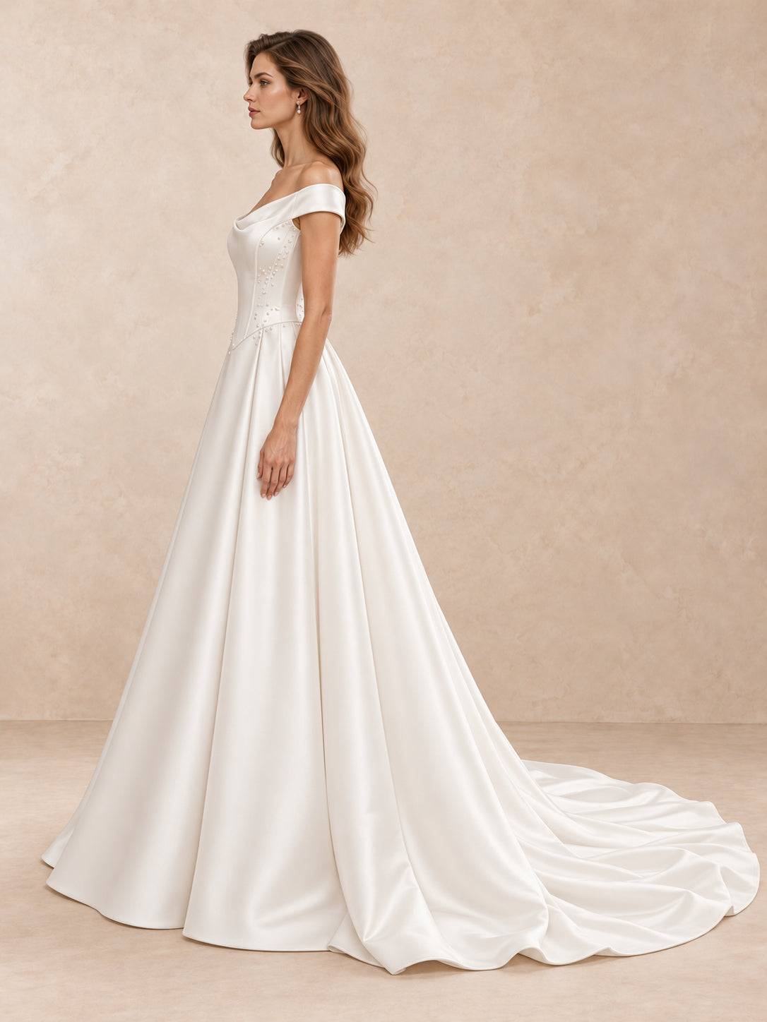Pearl-Accented Satin A-Line Wedding Dress with Sculpted Basque Waist