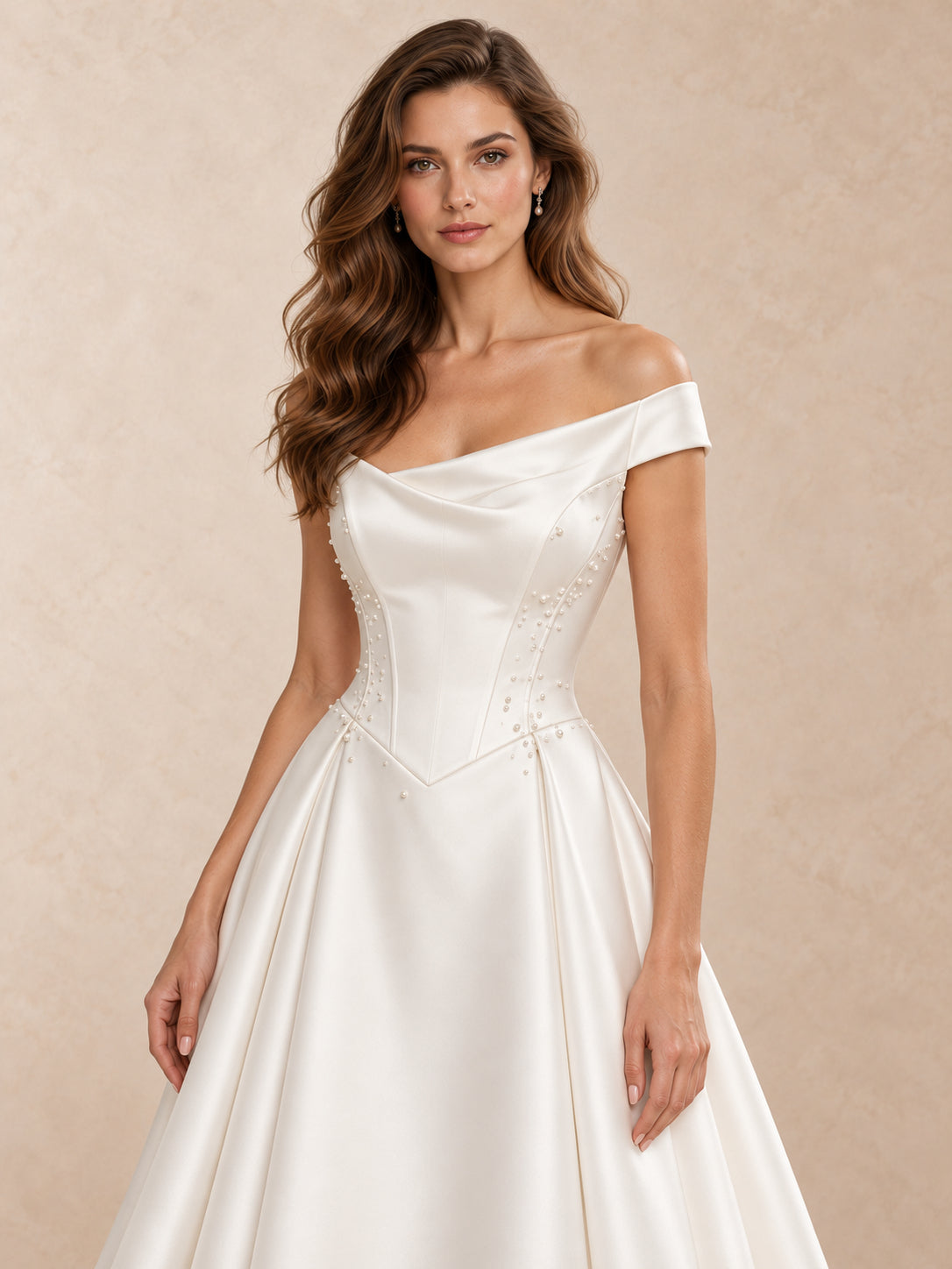 Pearl-Accented Satin A-Line Wedding Dress with Sculpted Basque Waist