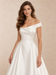 Pearl-Accented Satin A-Line Wedding Dress with Sculpted Basque Waist