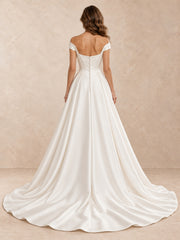 Pearl-Accented Satin A-Line Wedding Dress with Sculpted Basque Waist
