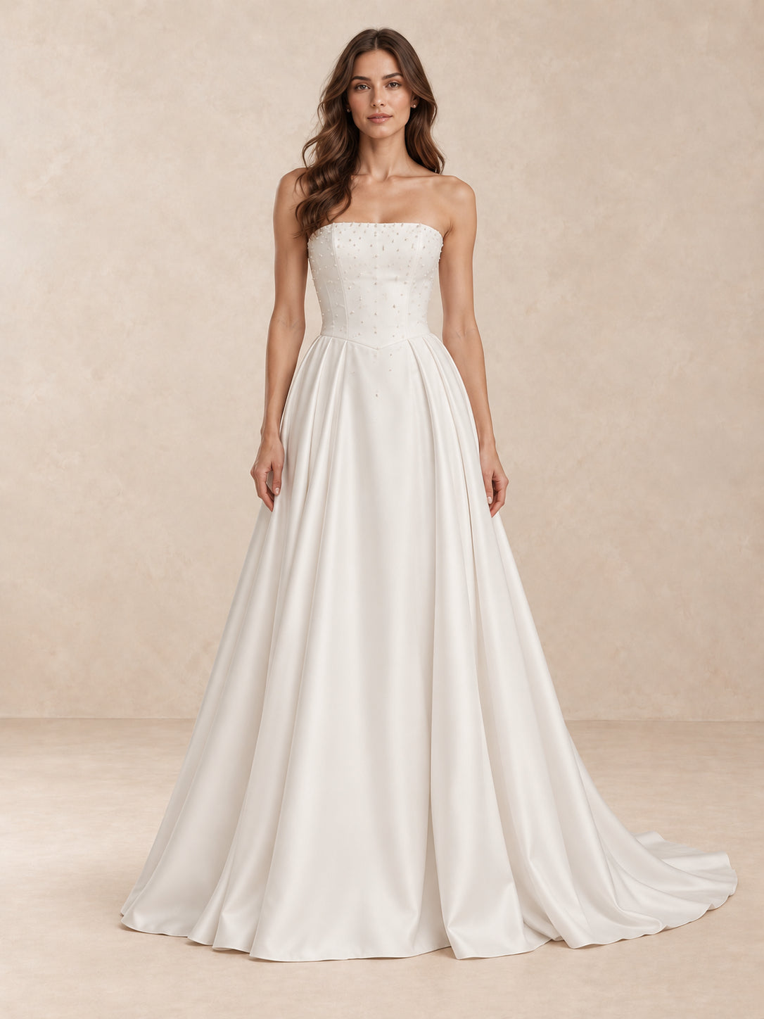 Pearl-Accented Strapless Satin Wedding Dress With Sweep Train