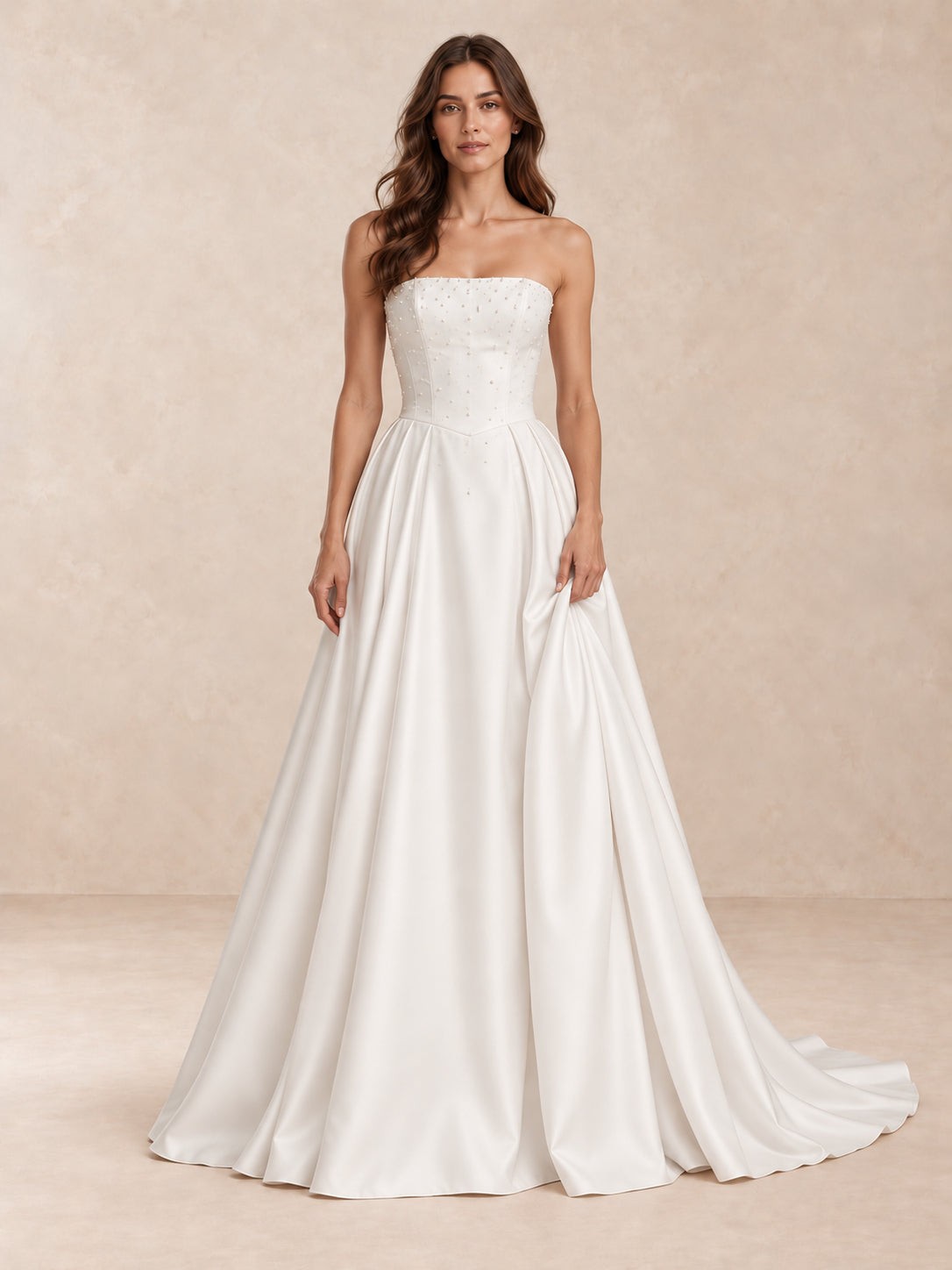 Pearl-Accented Strapless Satin Wedding Dress With Sweep Train